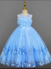 Girls Blue Ball Gown Long Sleeveless Round Neck Bow Floral Princess Formal
