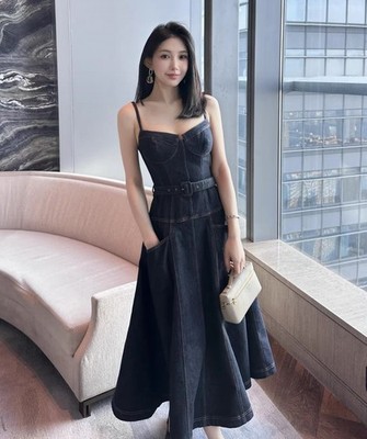 Self-Portrait Dark blue denim dress Pocket Belts Strapless long Dresses