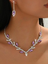 Violet and Silver Rhinestone Choker Fashion Necklace Earring Set