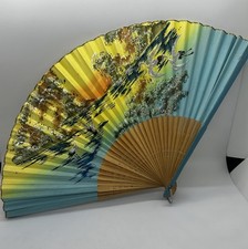 Vintage Oriental Wood Paper Hand-Painted Folding Hand Fan Swans Flowers Rare
