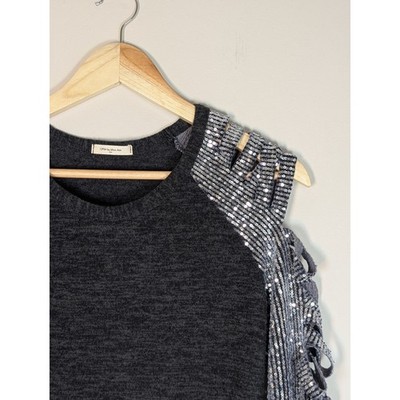 12PM by Mon Ami Charcoal Gray Sequin Ruffle Cold Shoulder Sweater Glam Rock Alt