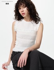 Uniqlo Women Shirring Smocked Ruffle Top L White Sleeveless Crew Neck