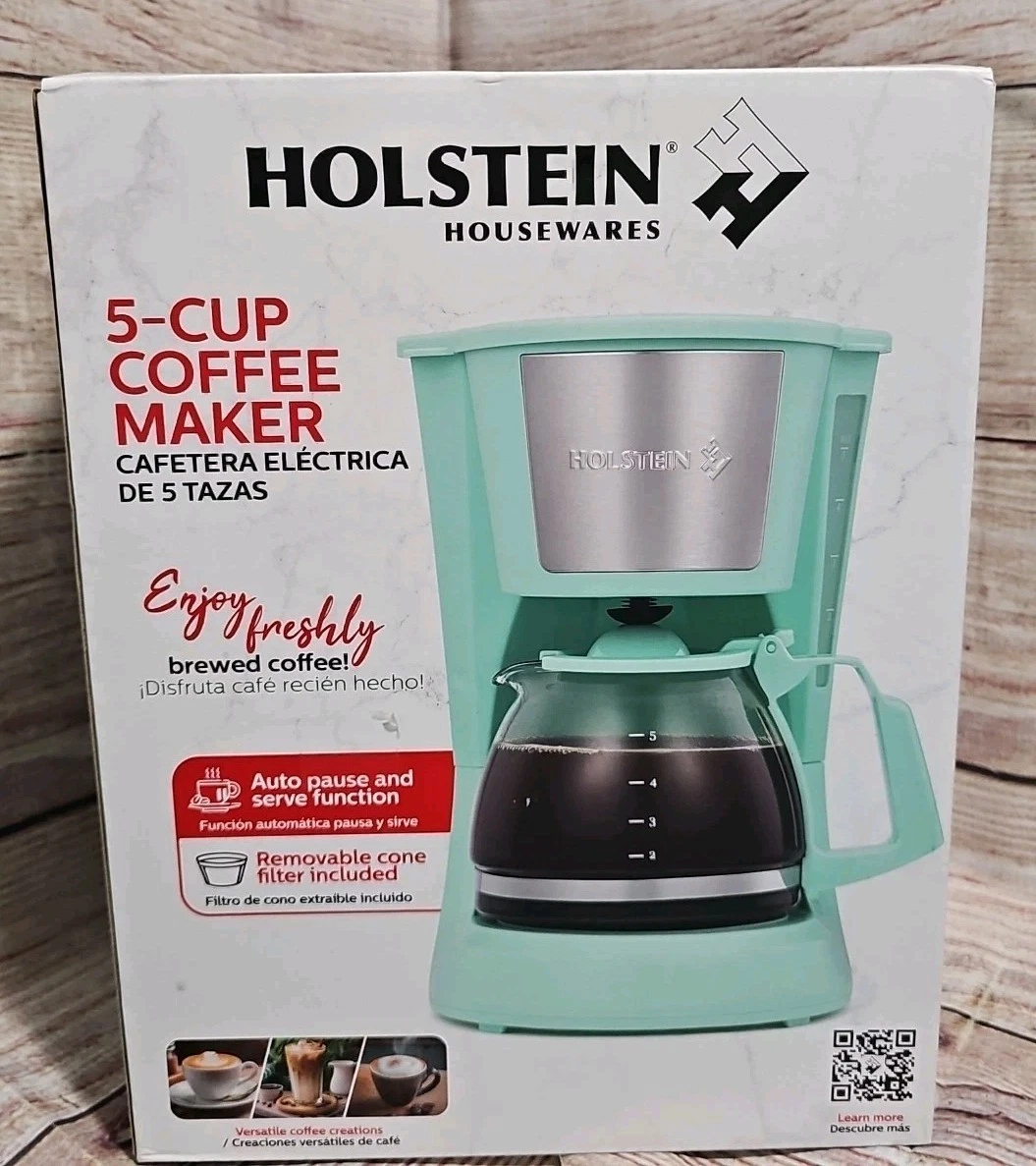HOLSTEIN HOUSEWARES Coffee Maker Everyday 5-Cup Mint Auto Shutoff Auto Pause NEW