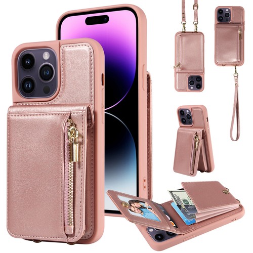 For iPhone 15 14 Pro Max 13 12 11 Pro XR SE 8 6 Zip Flip Wallet Cover Strap Case - Picture 15 of 17