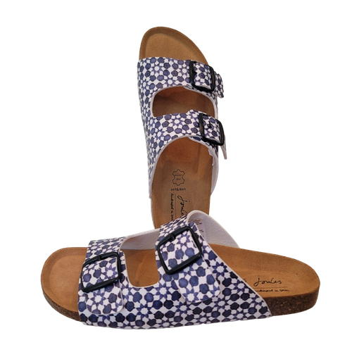 Joules Penley White Navy Geo Printed Double Strap Slides Flat Sandals Size  8 | eBay