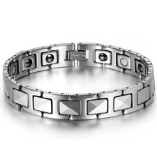 Men's Silver Tungsten Carbide Link High Power Therapy Magnetic Bracelet Chain