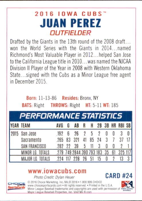 2016 Iowa Cubs Choice #24 Juan Perez Bronx New York NY Baseball Card - Image 2 of 2