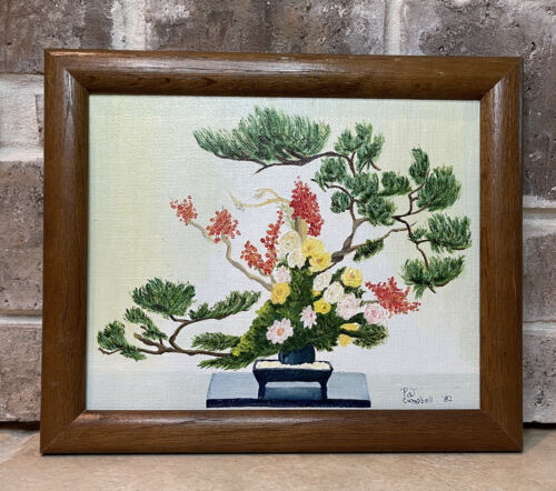 Vintage 1982 Oil Painting Canvas Bonsai Tree Flowers Signed Pat Campbell 8”x10” - Picture 1 of 9