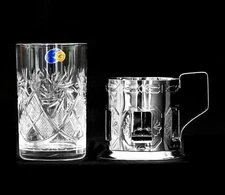 Neman 8.5 Oz Crystal Tea Glass with Holder Podstakannik, Hot/Cold Beverage Glass