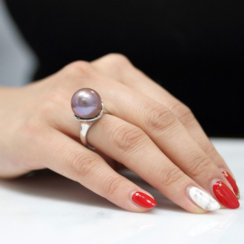 14K White Gold Freshwater Cultured 14mm Pearl Kasumiga Purple Semi Round Ring - Afbeelding 1 van 3