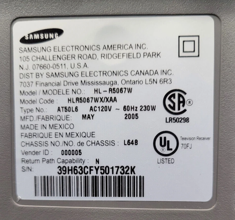 Samsung TV PROJECTION  ELECTRONICS MODULE for MODEL  HL-5067W - Image 4 of 4