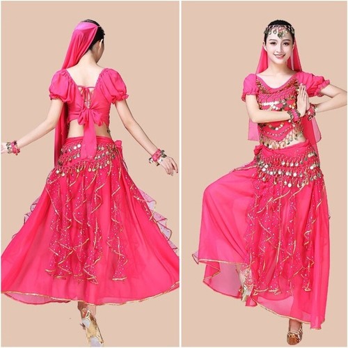 Belly Dance Costume Indian Dance Sequins Beads Chiffon Top Skirt Belt 8 Colors - Picture 9 of 14