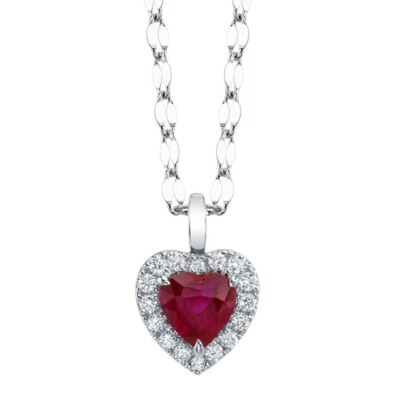 14K Weißgold Herz Rubin Diamant Anhänger Halskette zertifiziert natürlich 0,74 ctw
