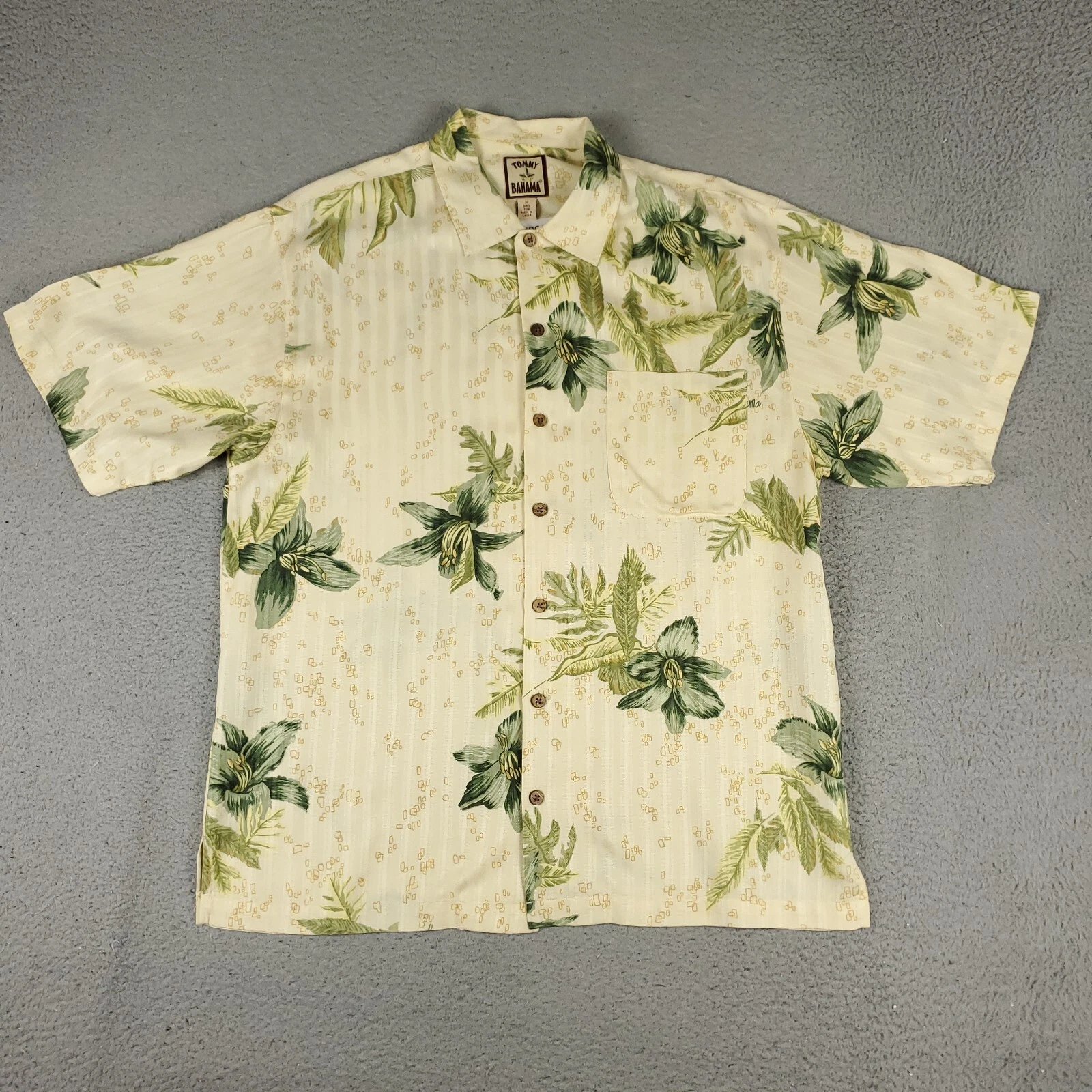 Tommy Bahama Shirt Mens Medium Ivory Silk Hawaiian Button Up Short Sleeve