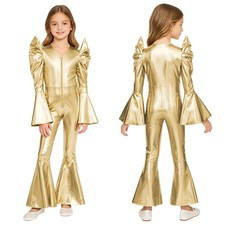 Girls Romper Metallic Jumpsuit Full Length Bodysuit Holographic Costume Disco