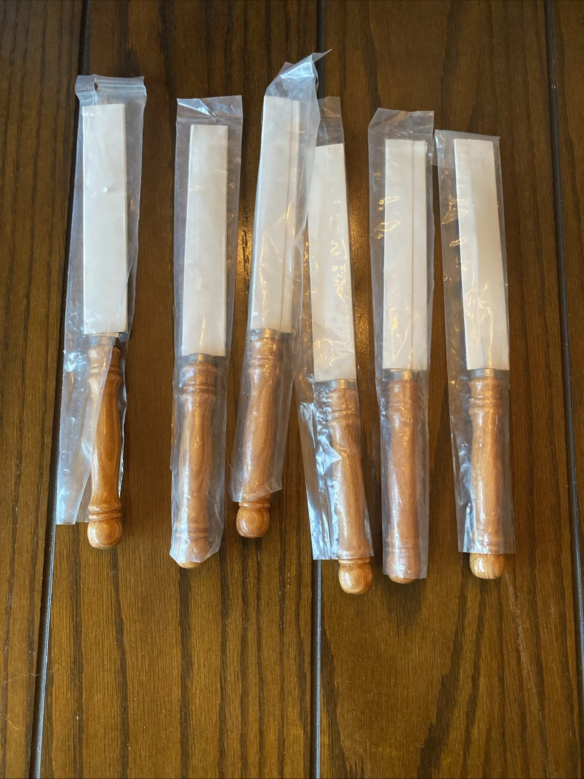 Vintage 70s Wood Handle Stainless Steel Serrated Steak Knives Taiwan - Set 6