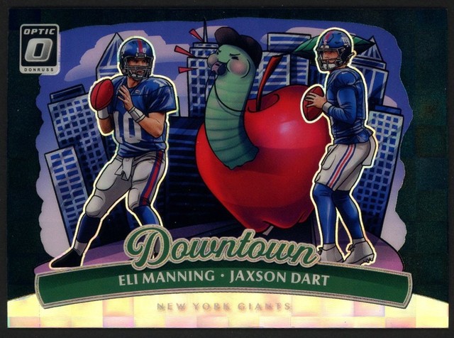 2025 Donruss Optic Downtown! Black Pandora Prizm Jaxson Dart RC Eli Manning /25