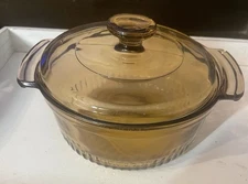 Vintage Anchor Hocking #1436 Casserole Baking Dish 1 Quart Amber Glass With Lid