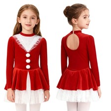 Girls Miss Santa Fancy Dress Christmas Ice Skating Leotard with Rhinestone Skirt