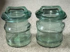 2 Vintage LE Smith Milk Can Shaped Glass Cookie Jar Canister w/ Lid 8" Green
