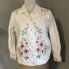 Victor Costa Occasion Sz M White Floral Butterfly Embroidered Snap Up Jacket