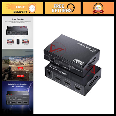 4K HDMI Splitter 1x2, 60Hz/120Hz, HDR10, 18Gbps, Auto Downscaler, Zero Latency,