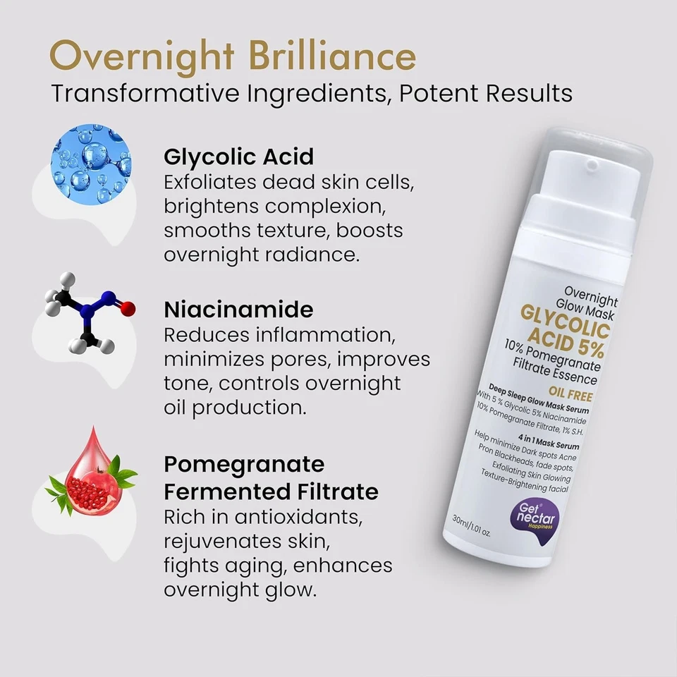 Mascarilla de ácido glicólico Get Nectar Happiness Overnight Glow 5 % con 10 % - 30 ml Foto 3 de 4