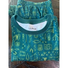 LL Bean Kids Camping Pajama Set Teal Green Waffle Knit Tent Print 2pc Sleepwear