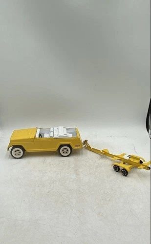 Vintage Tonka 1969 Yellow White Metal Jeepster Runabout Car And Trailer Toy