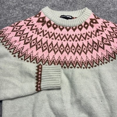 Fashion Nova Fair Isle Knit Sweater Womens M Beige Pink Brown Crew Neck Pullover