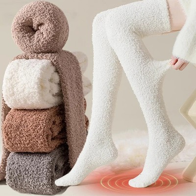 Women Winter Plush Coral Fleece Over Knee Soft Knit Warm Sleep Floor Socks