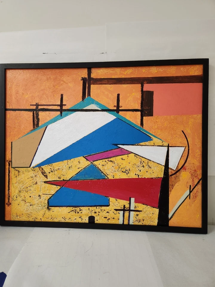 Pintura mixta figurativa cubista abstracta vintage arte moderno de mediados de siglo  Foto 2 de 4