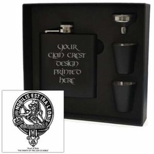Art Pewter Stuart (of Bute) Clan Crest Black 6oz Hip Flask Box Set HF6 B S-C102C
