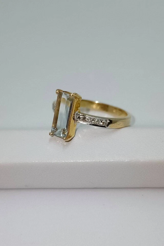 14k Gelbgold Natürlich Blau Aquamarin Und Diamanten Solitär Verlobungsring - Bild 4 von 4