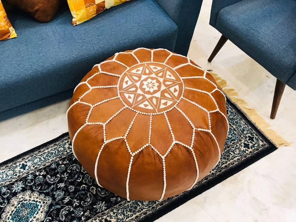 Luxury Brown Pouf Hassock & Ottoman Footstool Moroccan Leather Pouf - Image 2 of 4