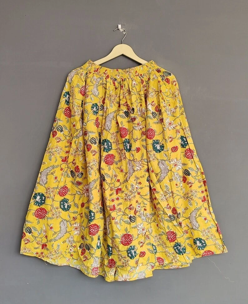 Indian Yellow Floral Skirt 100%Cotton Skirt, Long Skirt, Free Size Beach Wear AU