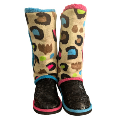 Little mismatched  sequin and animal print tall boots size 6 youth multi color