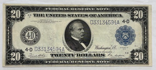 1914 $20 TWENTY DOLLAR FEDERAL RESERVE NOTE BLUE CLEVELAND NICE DETAIL