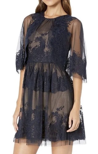 BCBGMAXAZRIA Blue Lace Dress with Overlay Cape L125107 Size 10 - 第 1/6 張圖片