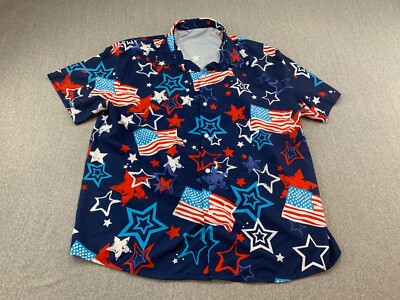 Fourth of July Patriotic Button Up Shirt Men M/L Red Blue Flag Stars Lightweight