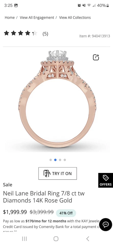 Комплект обручальных и помолвочных колец из розового золота 14 карат с грушевидными бриллиантами 7/8 карата размер 6 Neil Lane - Изображение 4 из 4