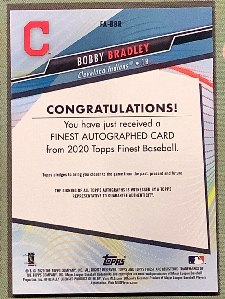 2020 Topps Finest Bobby Bradley Green Wave Refractor RC Rookie Auto /99 Indians - Image 2 of 3
