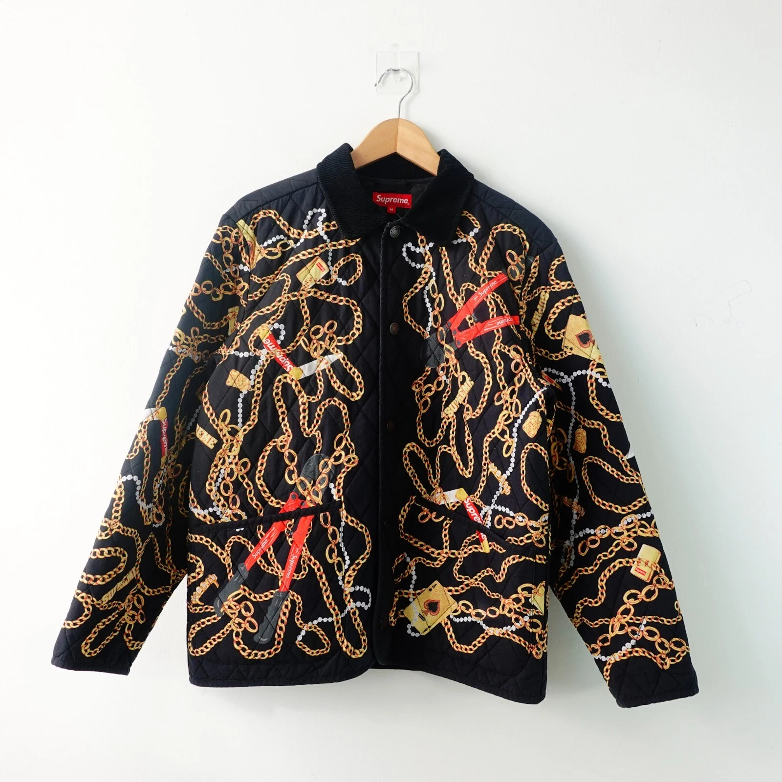 Veste SUPREME noire moyenne chaîne dorée matelassée revers streetwear année 2000 neuve avec étiquette