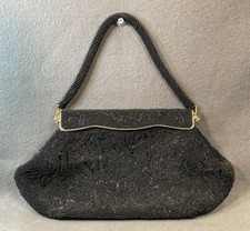 Vintage Hand Beaded Purse Evening Cocktail Hand Bag Black Gold Tone FAST SHIPPNG
