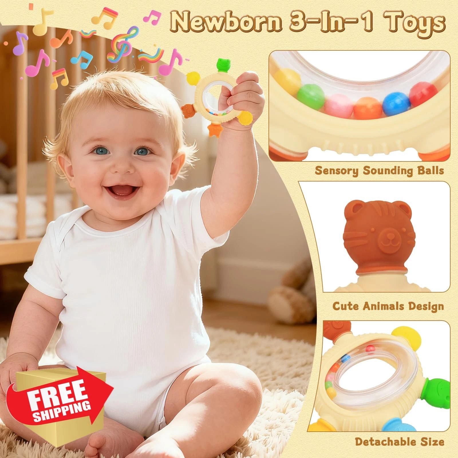 Baby Teether Rattle Toy BPA-Free Silicone 0-24 Months