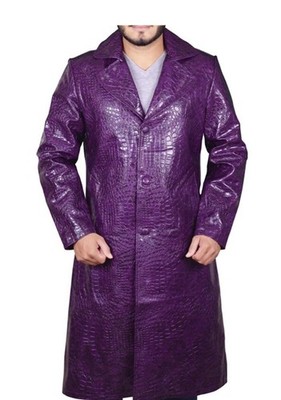 Purple Crocodile Leather Long Trench Coat SUICIDE SQUAD JOKER Rock Moto Punk SM