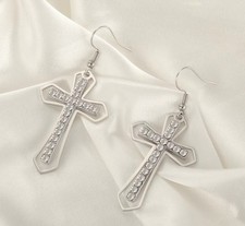 Stainless Steel Silver Cross Earrings with CZ pair
