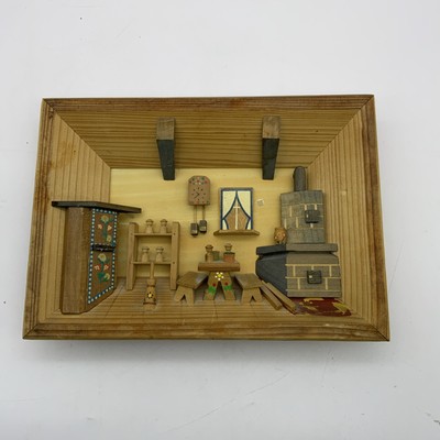 Vintage DDR Diorama 3D Holz Küchenszene Wandbild Retro 