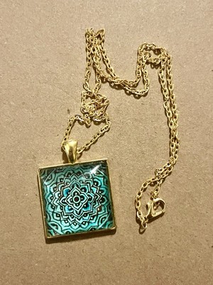 Glass Square Tile Mandala Necklace With Gold Color Chain