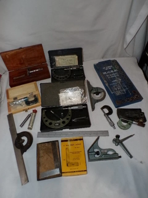 VINTAGE TOOLS TOOL SETS CALIPERS STEEL SQUARE TAP DIE SET MITUTOYO MICROMETER +